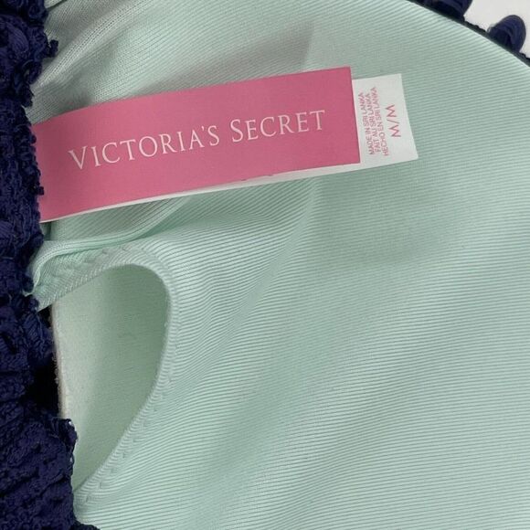 Victorias Secret Teeny Triangle Bikini Top Navy Blue Tassel Crochet Lace Size M - Picture 9 of 10